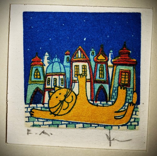 CAT WAVING HELLO Vintage Original PENCIL SIGNED MINIATURE Color ETCHING FRAMED 5