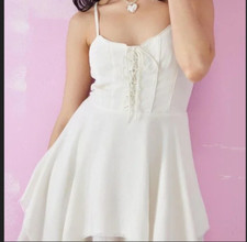 UO White Raw Hem Linen Mini Dress Smocked Asymmetrical Urban Outfitters New L