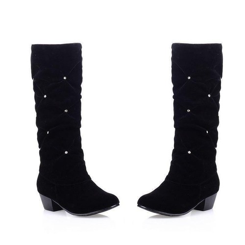 Strass Damen Wildleder halbhohe Stiefel halbhoher Blockabsatz Schuhe Ritter Überziehen Größe - Bild 9 von 21