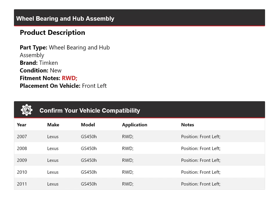 Conjunto de cojinete de rueda y buje delantero izquierdo Timken para Lexus GS450h 2007-2011 tracción trasera Foto 2 de 4