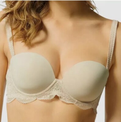 $100 Simone Perele Women's Beige Karma Strapless Plunge Underwire Bra Size 36D