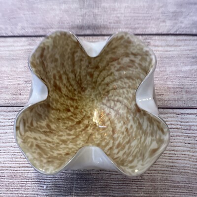 Vtg Murano Art Glass Pinched Bowl Ashtray 4 Corners White Cased Gold Swirls 5 