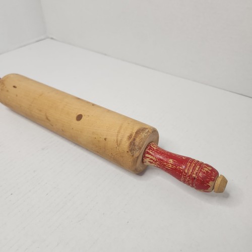 VTG Rustic Wooden Rolling Pin W/ Red Handles Baking Primitive Kitchen Tool Prop - Picture 4 of 8