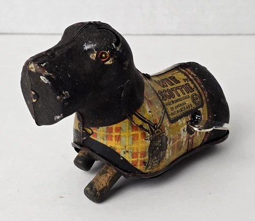 Vintage Marx Tin Litho Wee Scottie Wind Up Toy  Wheels Turn by Hand Only