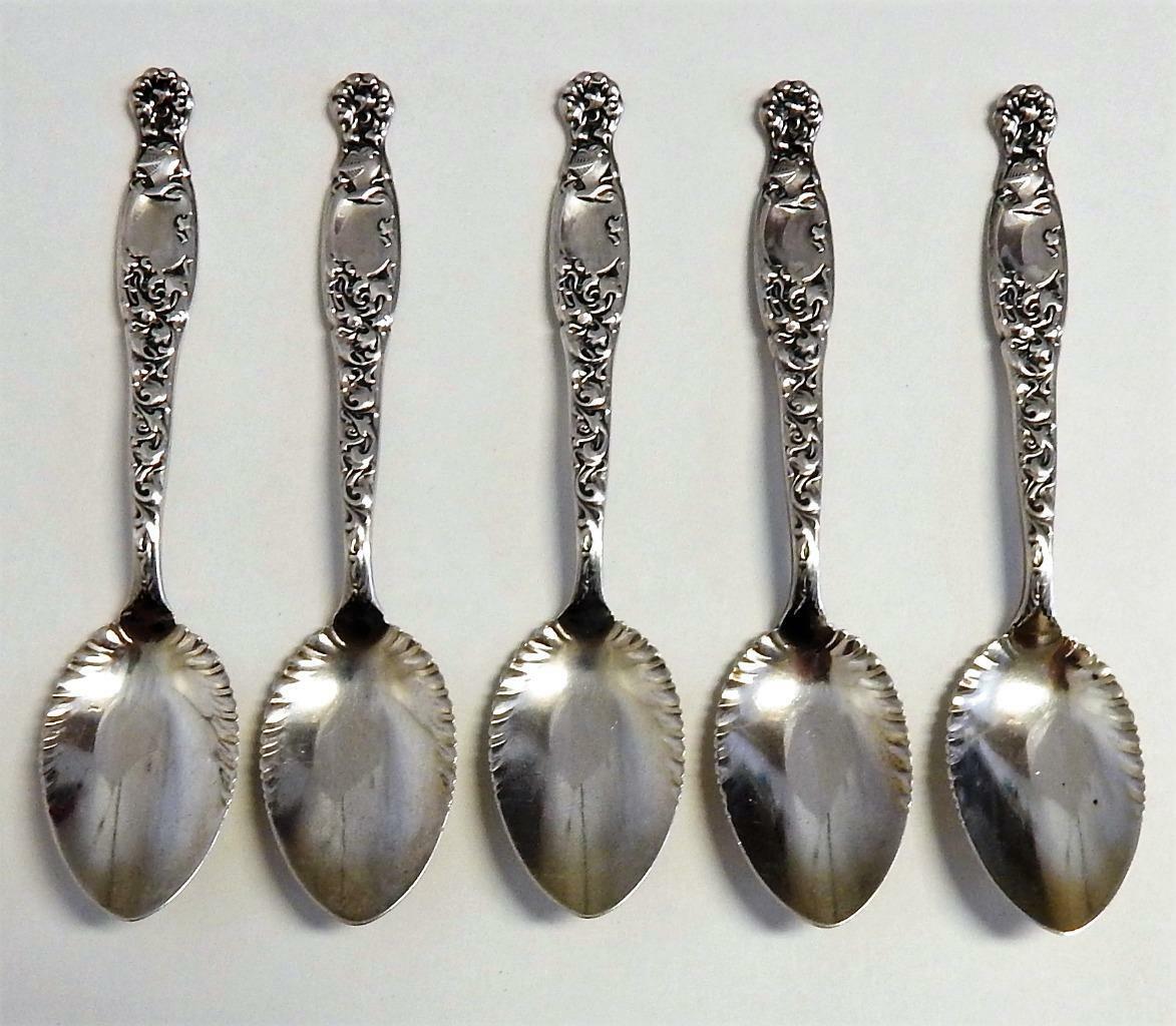 Whiting Sterling Silver Heraldic Pattern Set of 5 Antique Ice Cream Spoons