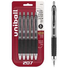 Uniball 207 Retractable Gel Pens, Bold Point 1.0mm , Black, 5 Pack