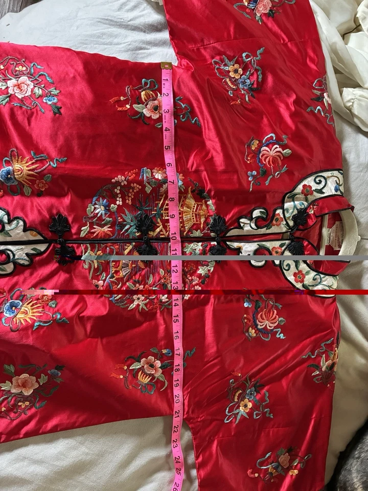 Vintage Bai Hua Red Chinese Jacket Silk Hand-Embroidered Floral Pagoda Design - Image 2 of 4