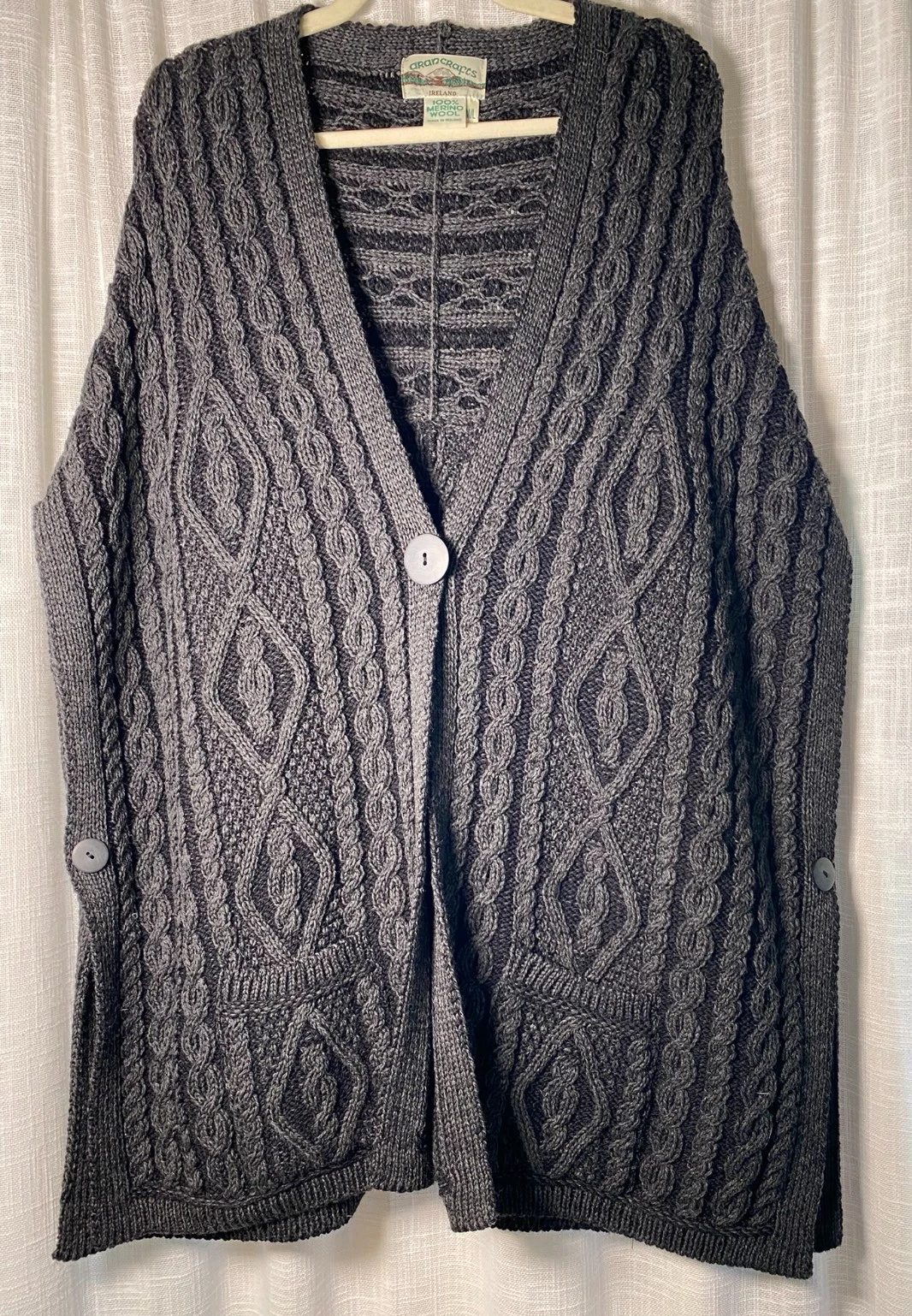 Aran Crafts Cable Knit Poncho Irish Merino Wool, Button Front, Soft, Warm | M/L