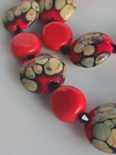 VTG Murano Style Art Glass Bead Necklace Red Black Swirl Millefiori Look Retro