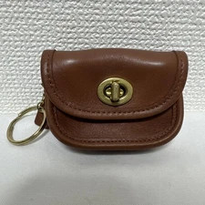 Coach Coin Case Keychain Turnlock Leather Light Brown Used