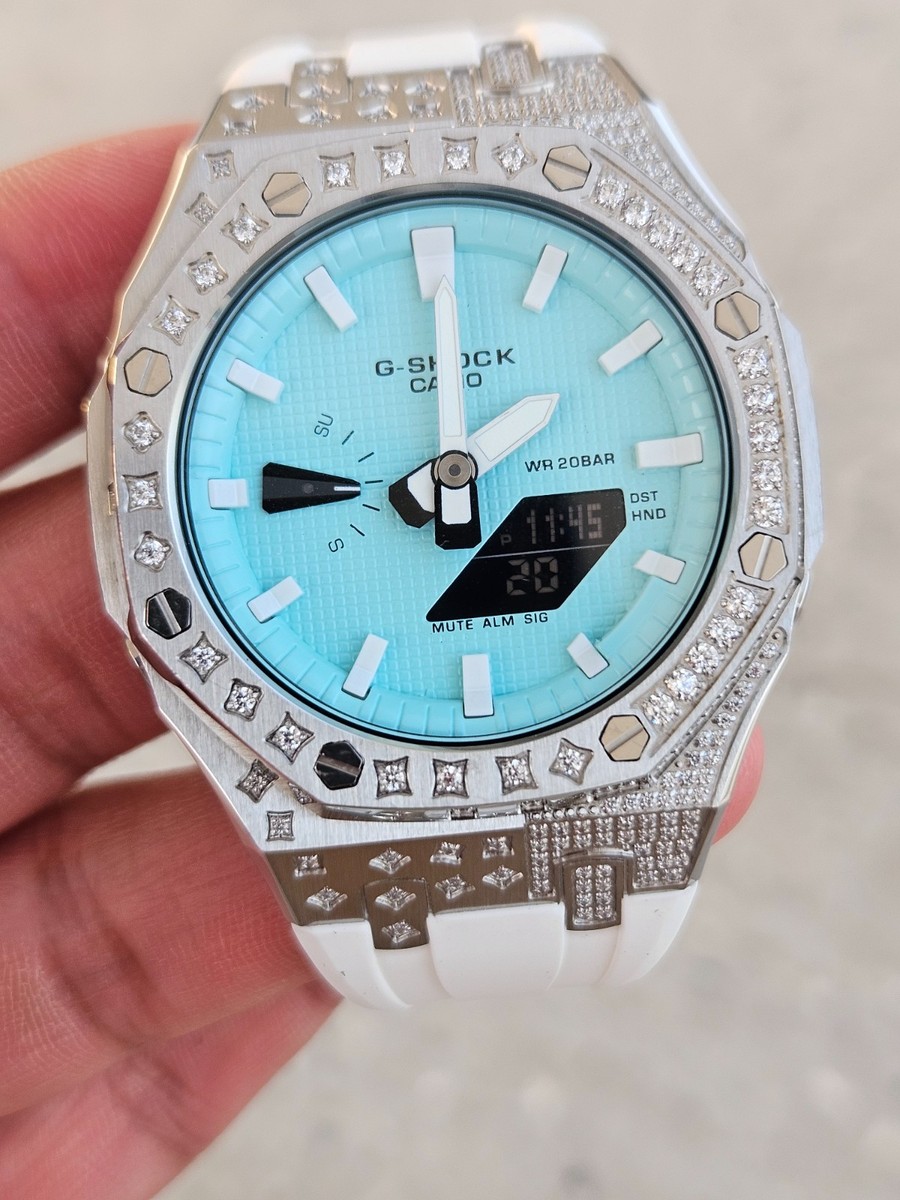 G-SHOCK GA-2100 シルバー/ブルー Casio G-Shock GA-2100 Tfny Blue Dial Iced Out Silver Bezel