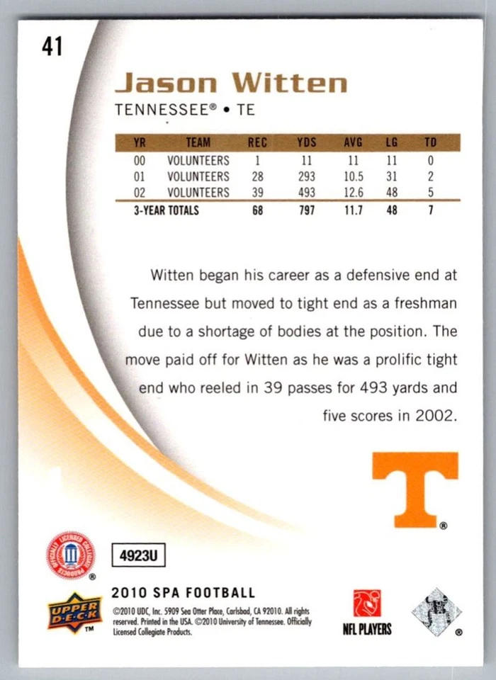 2010 SP Authentic Jason Witten Tennessee Volunteers #41 - Image 2 of 2
