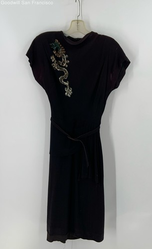 Vintage Black Sequin Short Sleeve Belted Casual Midi Sheath Womens Dress