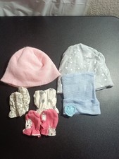 Newborn hats and scratch mittens 3 hats, 3 mittens multi color