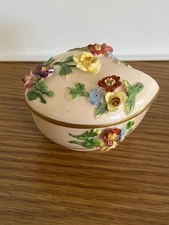 Dresden Saxony Porcelain Heart Shaped  2” Pin Dish w Lid & Encrusted Flowers 