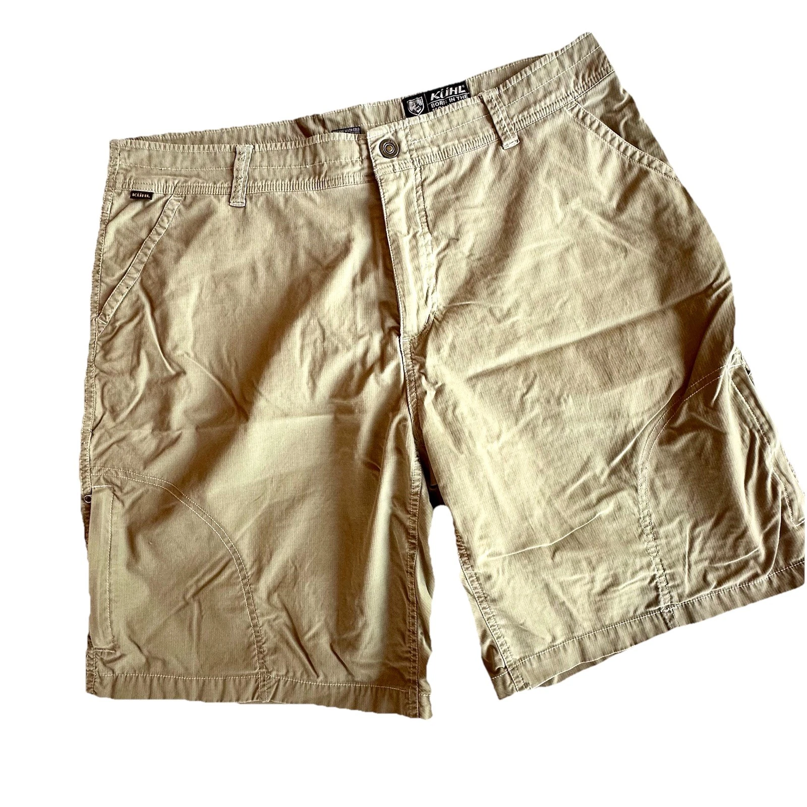 VTG Kuhl Mens 38 Khaki Tan Vintage Patina Dye Cotton Nylon Stretch Hiking Shorts