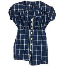 Zara Navy White Grid Plaid Button-Down Uneven Hem Shirt Dress Size S