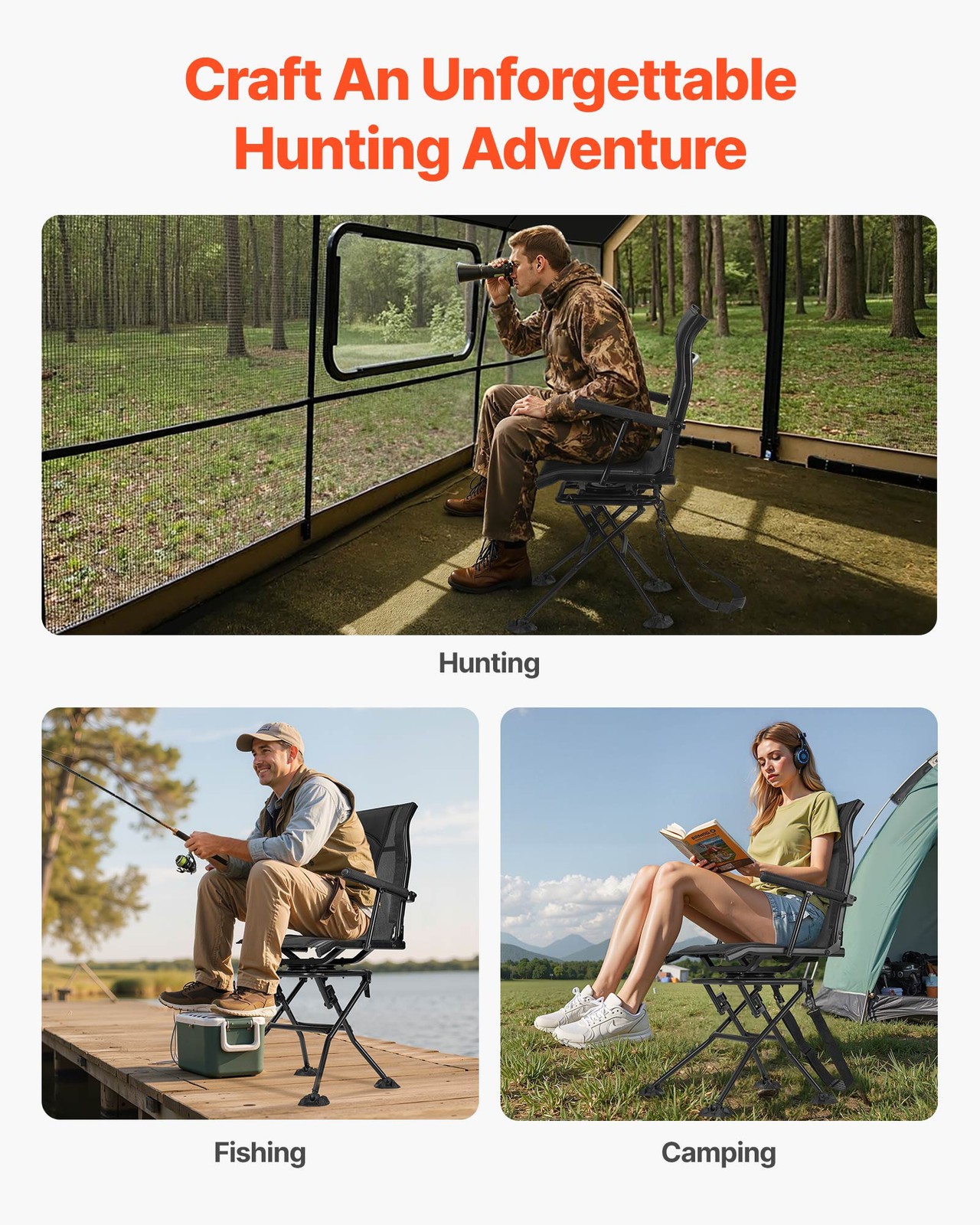 VEVOR Hunting Chair 360° Swivel Silent Foldable Chair Armrests Anti-Sink Feet