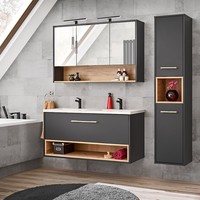 BadmöBel Set Anthrazit Eiche Doppelwaschtisch Waschbecken Hochschrank Spiegel