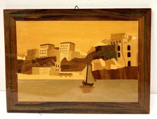 Vintage MCM Wood Marquetry Inlay Folk Wall Art Scenic Town Boat Italy 15.5x11.5