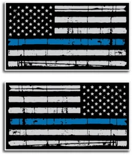 Thin Blue Line Sticker Tattered American Flag Decal Fallen Officer Blue Lives US
