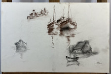 Jean-Claude Quinette (1956) Pastel Landscape Marin Boats Sailboat Brittany Stamp