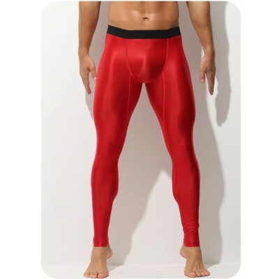 Men's Smooth Shiny Pants Fitness Running Stretch Sports Yoga Tights Semi-Sheer