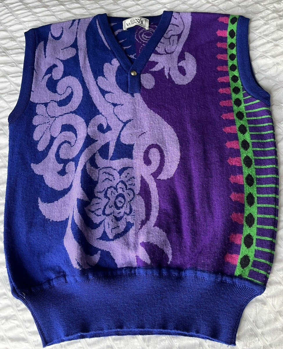 GIANNI VERSACE Vest Wool Knit sweater Art M 38” chest Purple Green