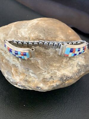 Sterling-silver women’s watch mother of pearl Native American turquoise coral Native American Turquoise Coral Watch Tips Sterling Silver  main image 3