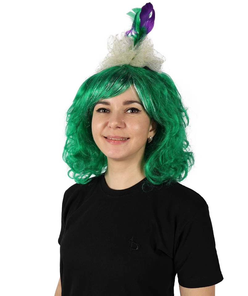 Peluca femenina HPO oropel con cordones verde Mardi Gras con bufón iluminado fascinador Foto 2 de 4