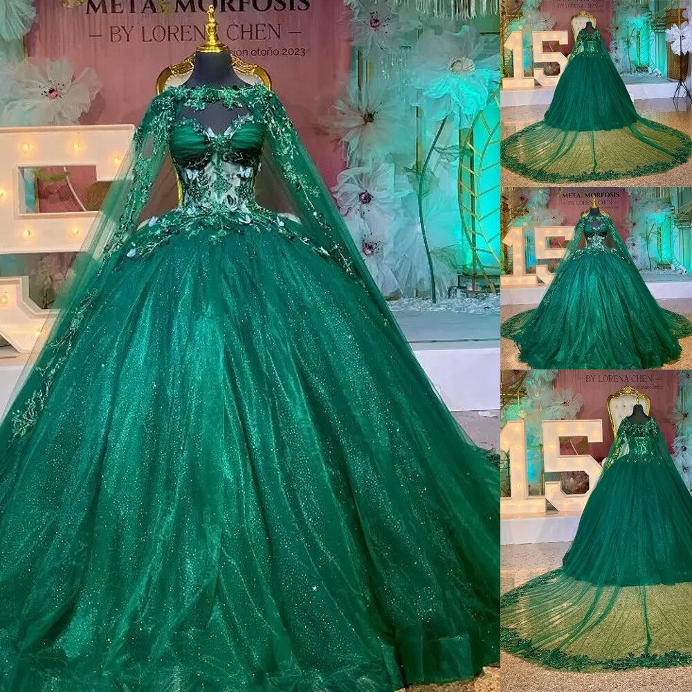 Emerald Green Quinceanera Dresses Ball Gown Sequins With Cape Sweet 15 16  Dress | eBay