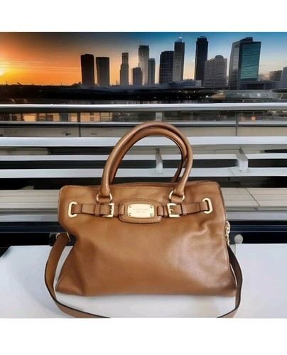Michael Kors Hamilton Tote Leather Purse Brown Gold Chain Crossbody Shoulder