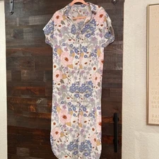 Shift Shirt Dress Womens Pink Floral Round Hem Midi Short Sleeve Minimalist S