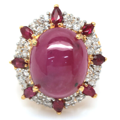 925 Sterling Silver 13 x 16 mm. Pink Ruby & White Zircon Ring  Size 7