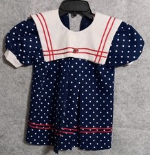 Vtg Fashion Kids Girls 5 Sailor Dress Red Blue White Puff Sleeve Collar Nautical