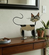 Don Mechanic Recycled Metal Cat Figure In Cream & Black Spring Neck Head Bobbles