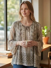 NWT Style & Co. Paisley Blouse in Cream and Brown w/Bell Sleeves Size L