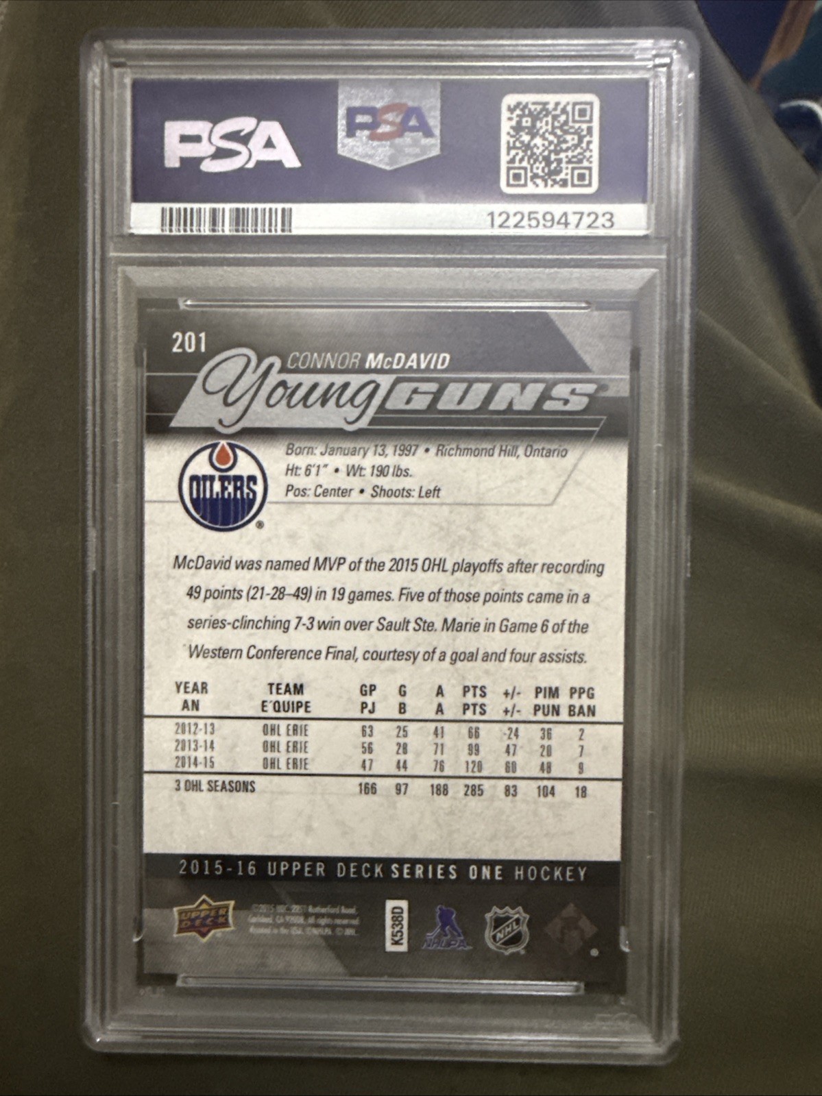 2015-16 Upper Deck Connor McDavid #201 Young Guns Rookie RC PSA 9 Mint Oilers view 3