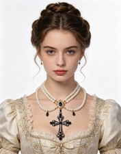 Women's Baroque Faux Pearl Necklace Court Cross Pendant Choker For Party Wedding