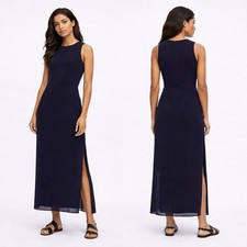 COS Navy Blue Chiffon Maxi Dress Side Slits Minimalist Elevated Casual Sz 8