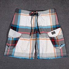 Y2K Billabong Board Shorts Men 34 Plaid Cargo Pocket Wax Comb Surf Swim Trunks