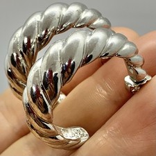 Vtg Large Cable Rope Shiny Silver Hoop Earrings Statement Post Drop Chunky