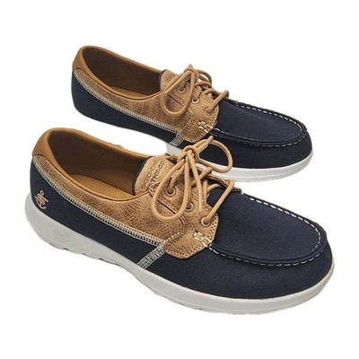 Skechers Go Walk Lite Goga Max Boat Shoes Blue Tan Women's Size 9.5 Slip-On Flat