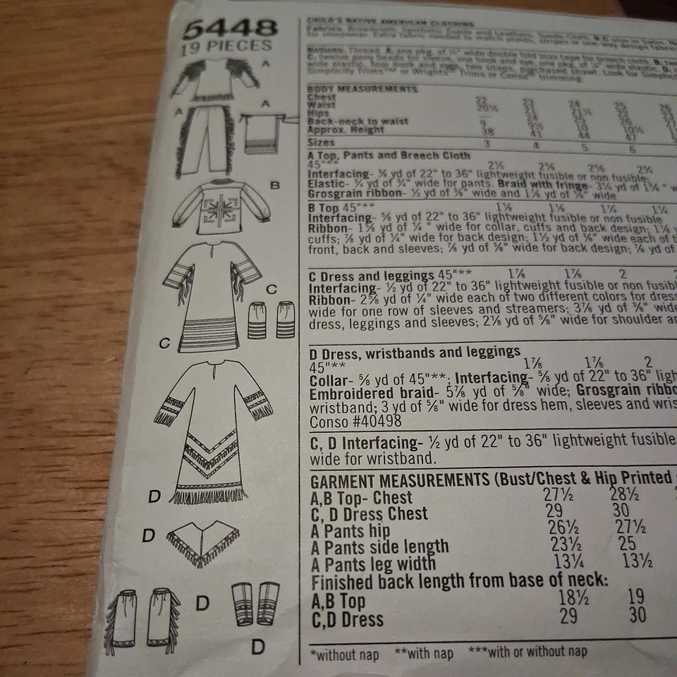 Simplicity Sewing Pattern 5448 Indian Native American Historic  Child Sz 3-8 UC - Image 2 of 3