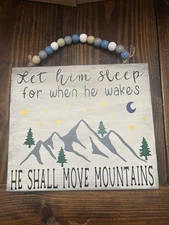 Farmhouse-style wood Nursery sign with painted details/words and a beaded hanger