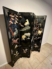 4-Panel Foldable Freestanding Room Divider Black Asian Lacquer Landscape
