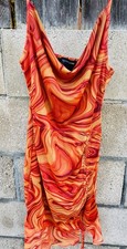 PrettyLittleThing Orange Marble Mesh Ruched Bodycon Dress Cowl Neck Clubwear