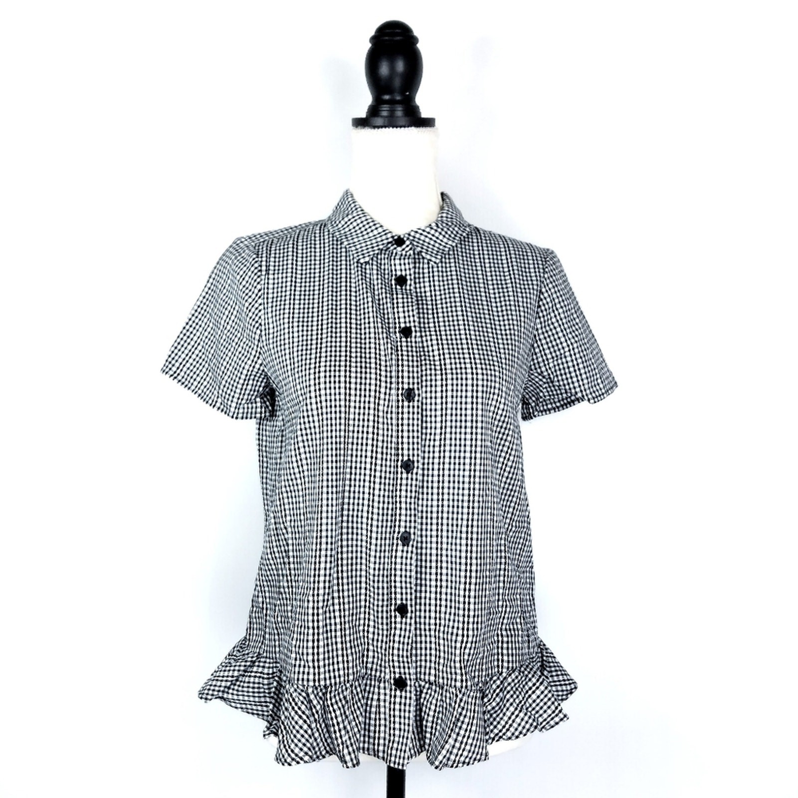 FILA Top Peplum Court & Rowe Rich nero Gingham manica corta taglia small nuovo con etichette