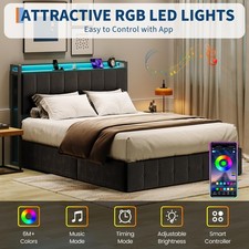 Queen Size Lift Up Storage Bed Frame Hydraulic Platform Bed LED w/ Power Outlets