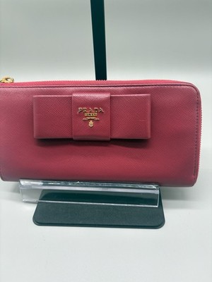 Prada Saffiano Fiocco Bow Zip Around Wallet Pink Gold Logo Auth Card